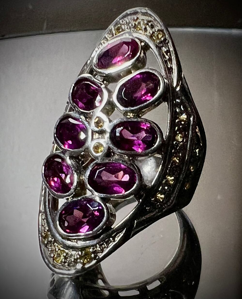 Rhodolite Garnet Citrine 925 Silver Navette Ring Sz 7